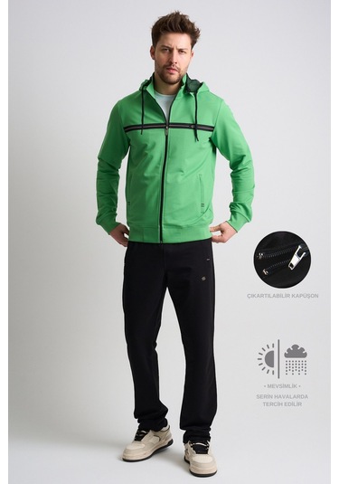 Shooter Sportswear Klasik Antrasit Erkek Eşofman Takımı Çıkartılabilir Kapüşonlu Rahat Kalıp Yeşil