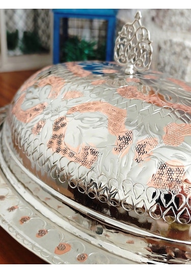 Modabakir Kayık Tabak, Bakır Sahan Kapaklı Işlemeli 35 Cm