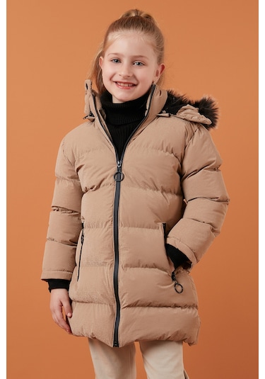 Lela Yakası Suni Kürklü Peluş Astarlı Çıkarılabilir Kapüşonlu Dar Kesim Kışlık Kız Çocuk Mont 5760002 Vizon
