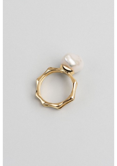 18 Ayar Sarı Altın Kaplama Gümüş Pearlshine İnci Yüzük Sarı