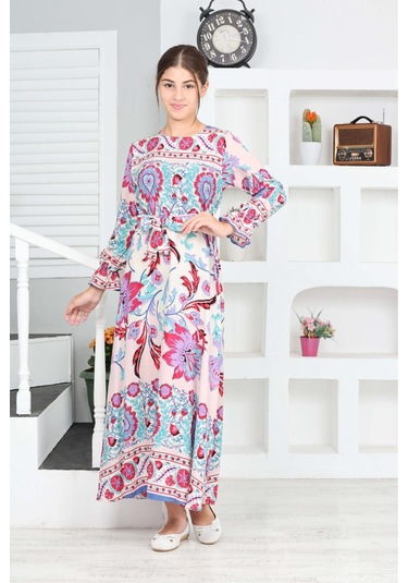 Kız Çocuk Viskon Kumaş Desenli Uzun Elbise Mavi