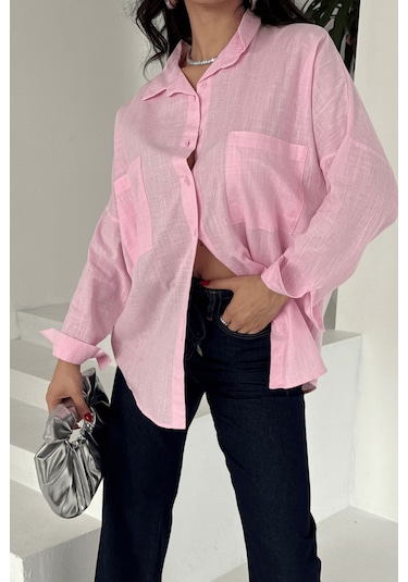 Paw Garage Kadın Harper Çift Cepli Oversize Keten Gömlek, 2025 Summer Collection Pembe