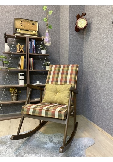 Asedia Trend Ceviz Ekose Hardal Sallanan Sandalye Dinlenme Koltuğu