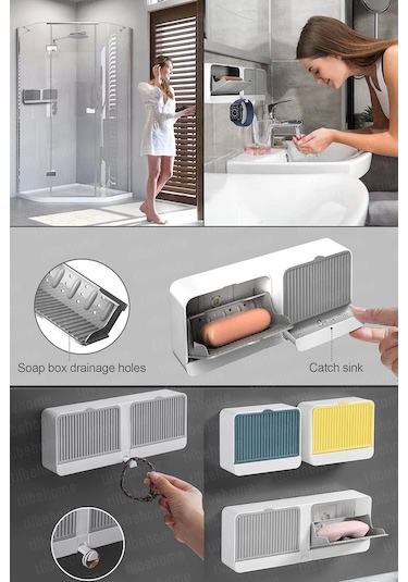 2 Bölmeli Yapışkanlı Duvara Monte Mutfak Banyo Katı Sabunluk Gri