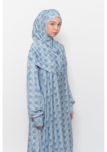 Pratik Tek Parça Güneş Desenli Kollu Tak Çıkar Başörtülü Likralı Tesettür Namaz Elbisesi 990-0302 Açık Petrol Antrasit