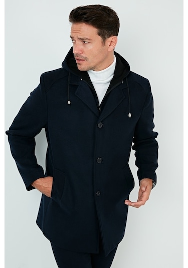 Buratti Çıkarılabilir Kapüşonlu Kırçıllı Slim Fit Kaşe Erkek Kaban 5841013 Lacivert