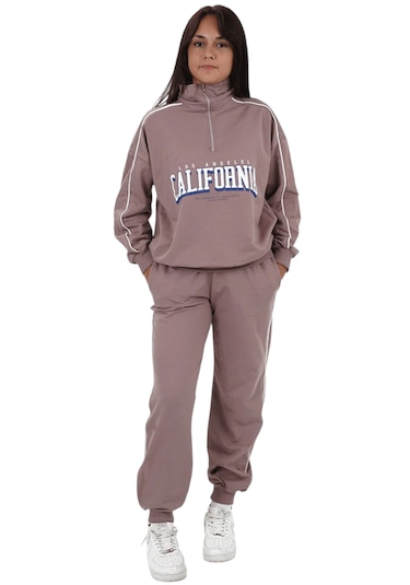 Kız Çocuk California Yazılı Yarım Fermuar Model Pudra Renk Oversize Eşofman Takımı Pudra