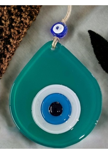 Orta Boy Yeşil Damla Desen Nazar Boncuklu Duvar Dekoru Cam Duvar Süsü