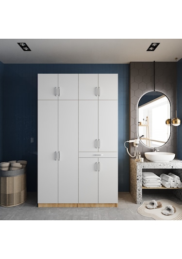 Modena Çamaşır Ve Kurutma Makinesi Dolabı Banyo Dolabı Meşe Beyaz Meşe Beyaz