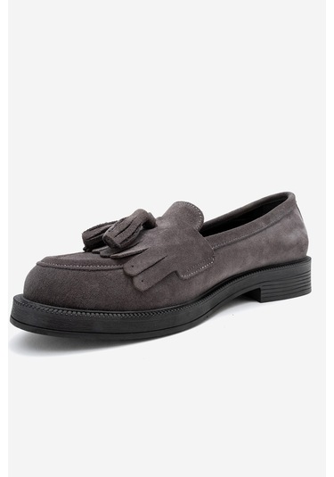 Milina Füme Süet Püsküllü Hakiki Deri Kadın Loafer Ayakkabı Füme