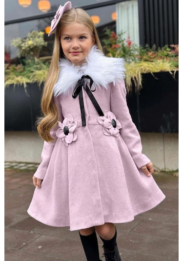 Riccotarz Kız Çocuk Kürk Yakalı Önü Çiçek Ve Elmas Taş Detaylı Pudra Kaşe Pudra