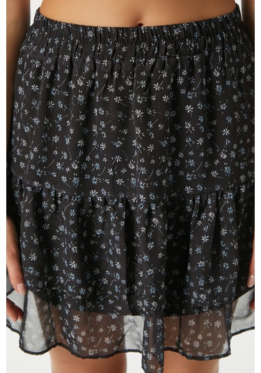 Kadın Juliet Siyah Çiçekli Astarlı Volanlı Mini Şifon Dokuma Etek
