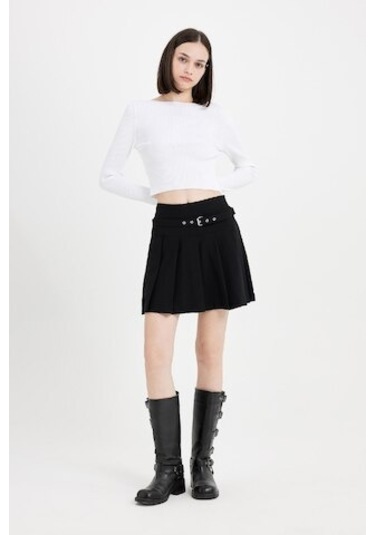 Defacto Yüksek Bel Basic Düz Kemerli Pileli Siyah Mini Etek D4470AX24AUBK27 Siyah