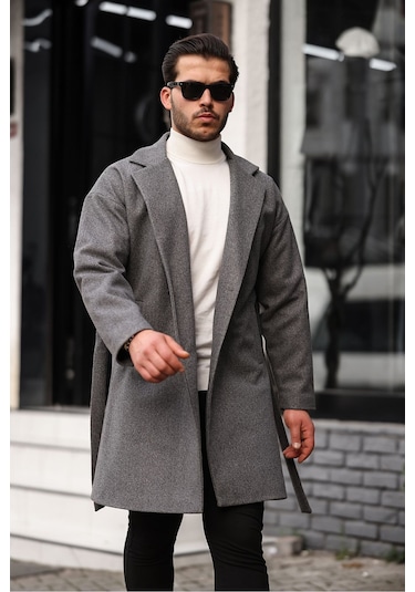 Mero Life Erkek Gri Kemerli Oversize Rahat Kesim Kaşe Kaban Gri