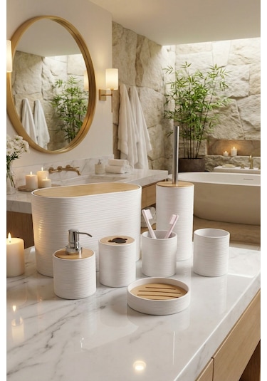 Makri Home 6 Parça Beyaz Banyo Seti, Bambu Detaylı, 8l Çöp Kovası 24x26x16 Cm