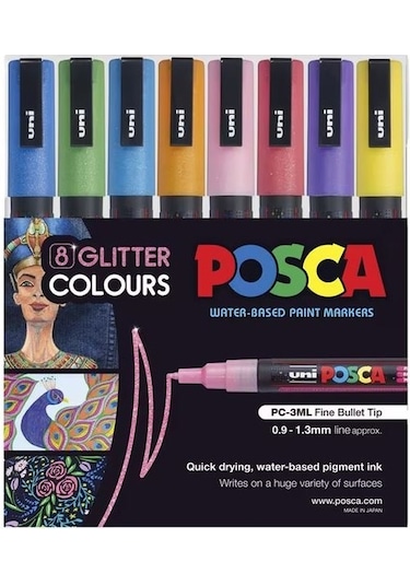 Uni Posca PC-3M Glitter Colours Su Bazlı Boyama Markörü Seti Siml