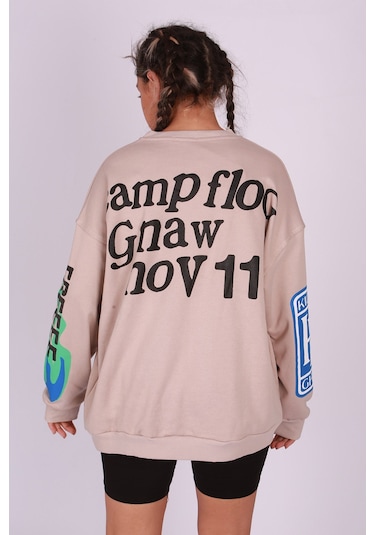 Madmext Mad Girls Bej Baskılı Oversize Sweatshirt Mg1206