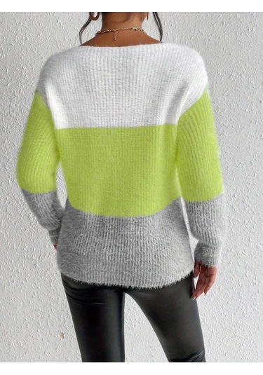 Soonaksesuar Kadın Uzun Kollu Kayık Yaka Çok Renkli Triko Bluz Yeşil