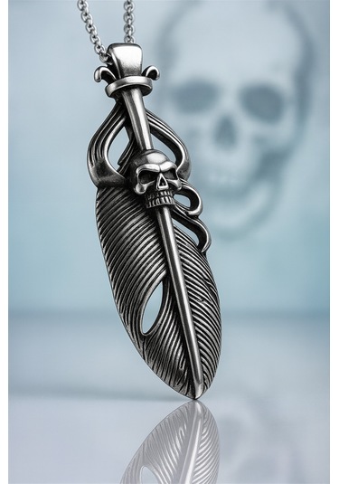 Kafatası Detaylı Gotik Paslanmaz Çelik Tüy Kurukafa Erkek Kolye