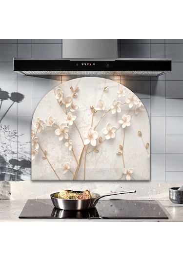 Decorita Cam Ocak Arkası Koruyucu|Oval Şekilli|Beyaz Çiçek-Gold