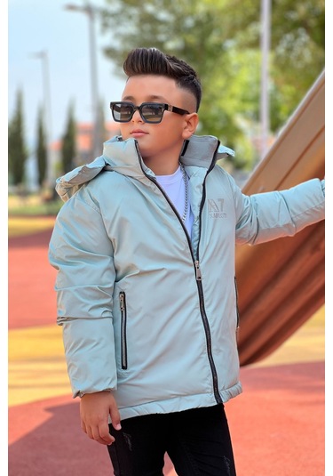Erkek Çocuk Çıkarılabilir Kapüşonlu Baskılı Yakası Detaylı Kışlık Mont Km3501 Mint