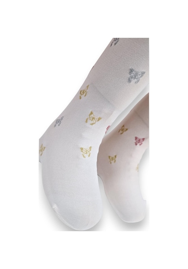 Kelebekli Simli Çocuk Külotlu Çorap - Dore Somon