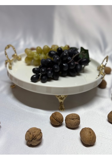 Aless Altın Ayaklı Kulplu Seramik Sunumluk Çerezlik Meyvelik