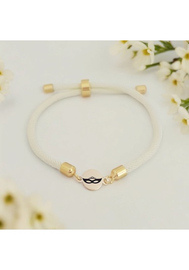 Archin Balmaske Temalı Yuvarlak Motifli 14 Ayar Altın Plakalı Beyaz Örgülü Hediye Bileklik-476sembol Bal Maske