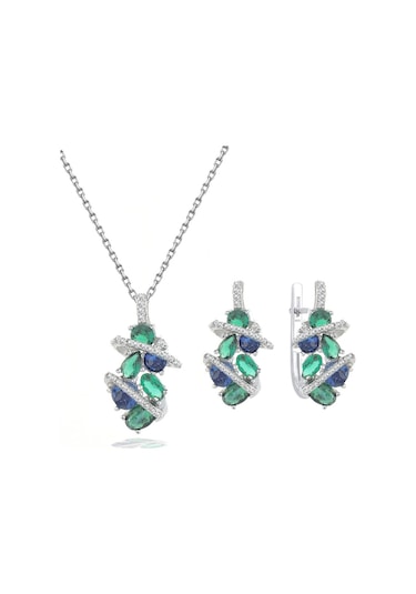 Brezza Lusso Jewelry Zümrüt Oval Taşlı Luxury Kadın Gümüş Kolye Küpe Set