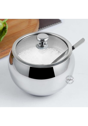 304 Paslanmaz Çelik Şeker Kasesi Ile Kapaklı Ve Kaşık Ev Ve Mutfak, Depolama Konteyner Baharim Şeker Baharat Kavanoz Şeker Ve Amp Krema Tencere Ahşap