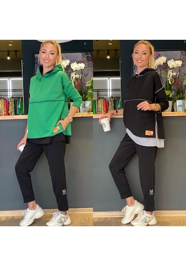 Kadın Yeşil Kapşonlu Etek Ucu Detay Arma Ters Dikiş Gorunumlu Ikili Takım Yeşil