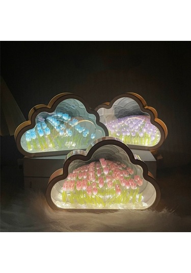Xurunkeji Bulut Lale Lambası, Kendin Yap Lale Gece Lambası, Bulut Lale Aynalı Gece Lambası, Lale Led Masa Lambaları, Masa Lambası-pembe Pembe