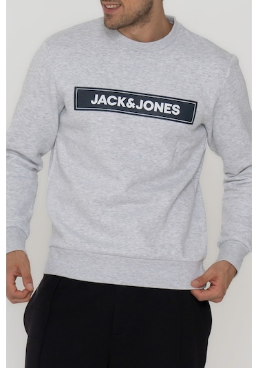 Jack & Jones Erkek Gögüs Logo Baskılı Sweatshirt - Minder 12193076 Beyaz Beyaz Melanj