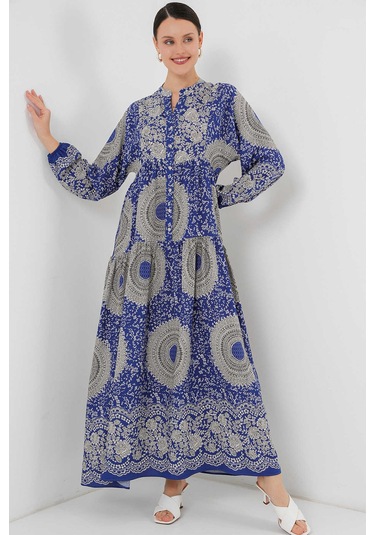 Gabria Ön Düğmeli Desenli Viskon Elbise Saks Mavi - Beyaz