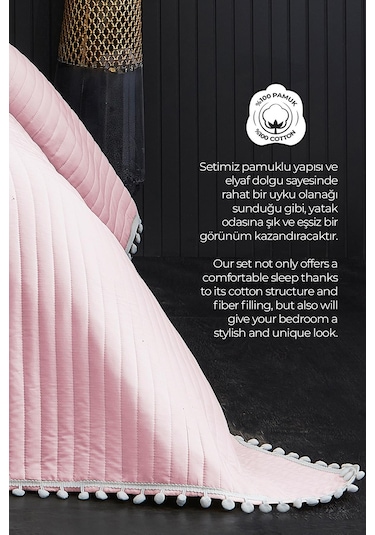 Evlen Home Collection Ponponlu Çift Kişilik %100 Pamuk Yatak Örtüsü Pike Takımı Pudra