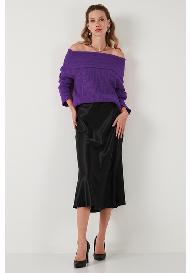 Lela Oversize Fit Madonna Yaka Triko Bayan Kazak 4615216 Mor