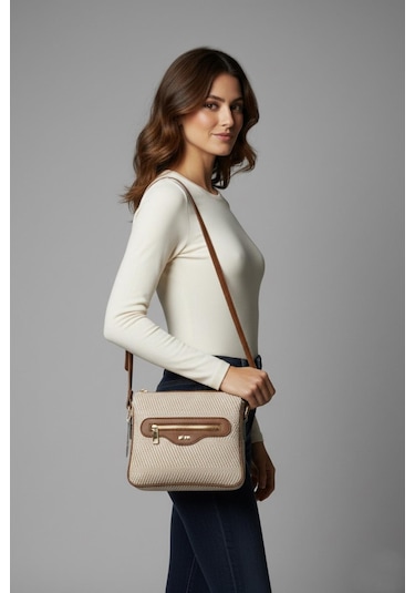 Walkenzo 2808 Kadın 3 Bölmeli Günlük Omuz Çantası Krem - Camel