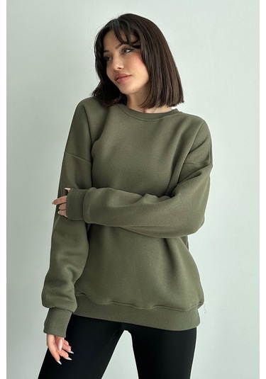 Kadın Haki Bisiklet Yaka Oversize Sweatshirt Haki