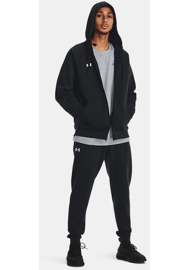 Erkek UA Rival Fleece Tam Boy Fermuarlı Kapüşonlu Üst 1379767-001 Siyah - Beyaz