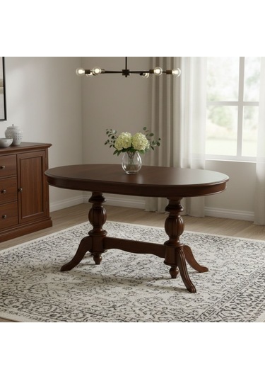 Montclair Çift Baba Ayaklı Masif Ahşap Oval Yemek Masası 90x140 Ceviz