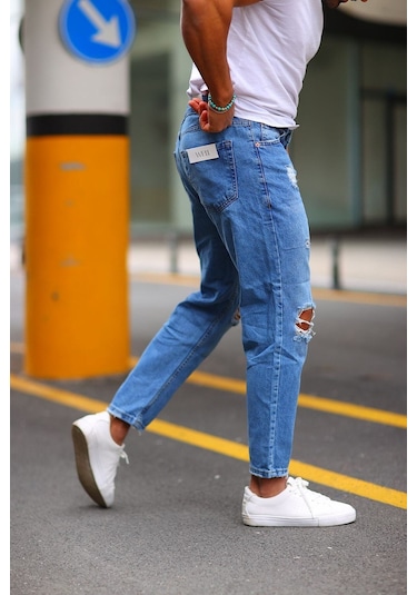 Boyfriend Diz Yırtık Modelli Kot Pantolon Mavi