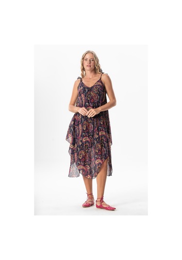 Askılı Vual Afrodit Midi Boy Yazlık Elbise Şal Lacivert 6215 Şal Yeşil