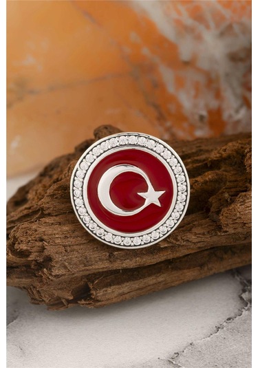 925 Ayar Gümüş Zirkon Taşlı Yuvarlak Ayyıldız Rozet -8063