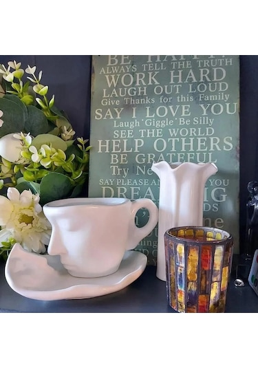 Seramik Yüz Desenli Kupa Bardak Beyaz