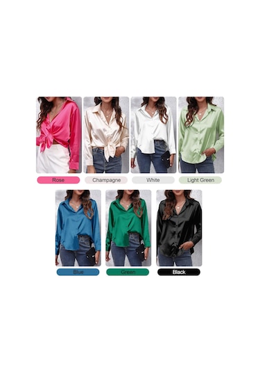 Kadınlar Katı Saten Gömlek Uzun Kollu Düğmeler Casual Gömlek, Renk Siyah