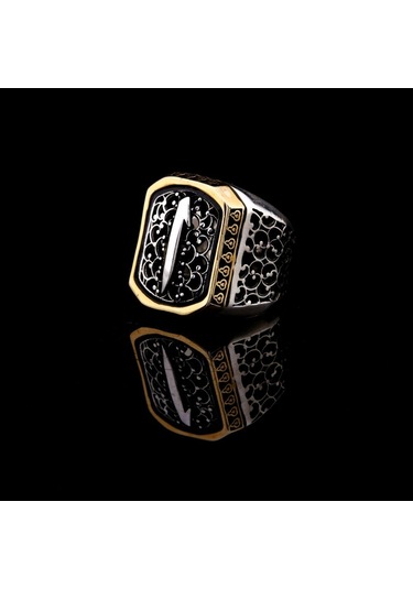 925 Ayar Gümüş Telkari Detaylı Elif İşlemeli Erkek Yüzük Çok Renkli