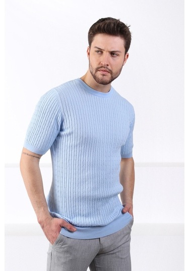 Ferraro Mavi Bisiklet Yaka Erkek Pamuk Triko T-Shirt-Mavi (490417519) Mavi