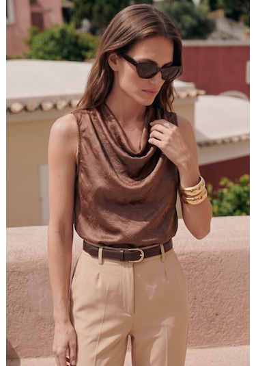 Sateen Degaje Yaka Saten Bluz - Açık Kahve-137427 Açık Kahverengi