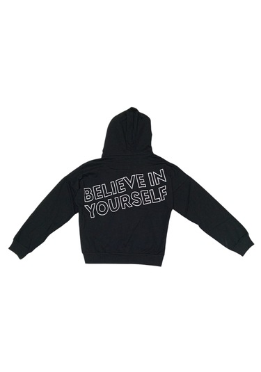 Kız Çocuk Believe Yazılı Fermuar Kapamalı Kapüşonlu Siyah Hırka