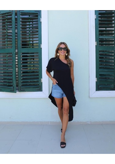 Reka Moda Kadın Tek Omuzu Açık Askılı Asimetrik Kesim Detaylı Bluz Siyah